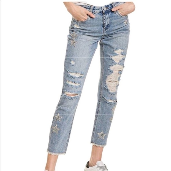 Blank NYC The Ludlow Crop Girlfriend Distressed Jeans with Star Patches Sz 27 - Picture 1 of 16